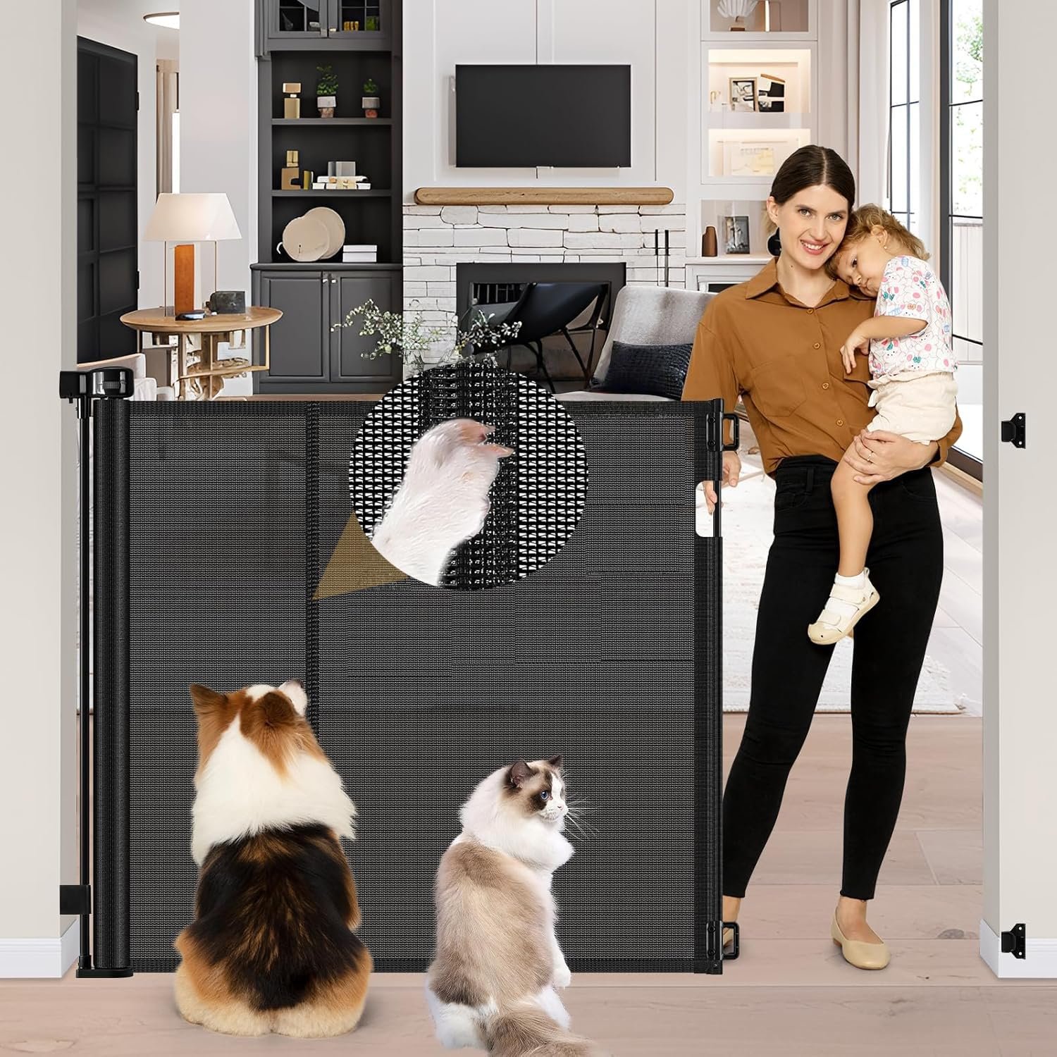 Reinforced 42″ Tall Pet Gate 55″ Wide Retractable Baby Gate, Indoor/Outdoor
