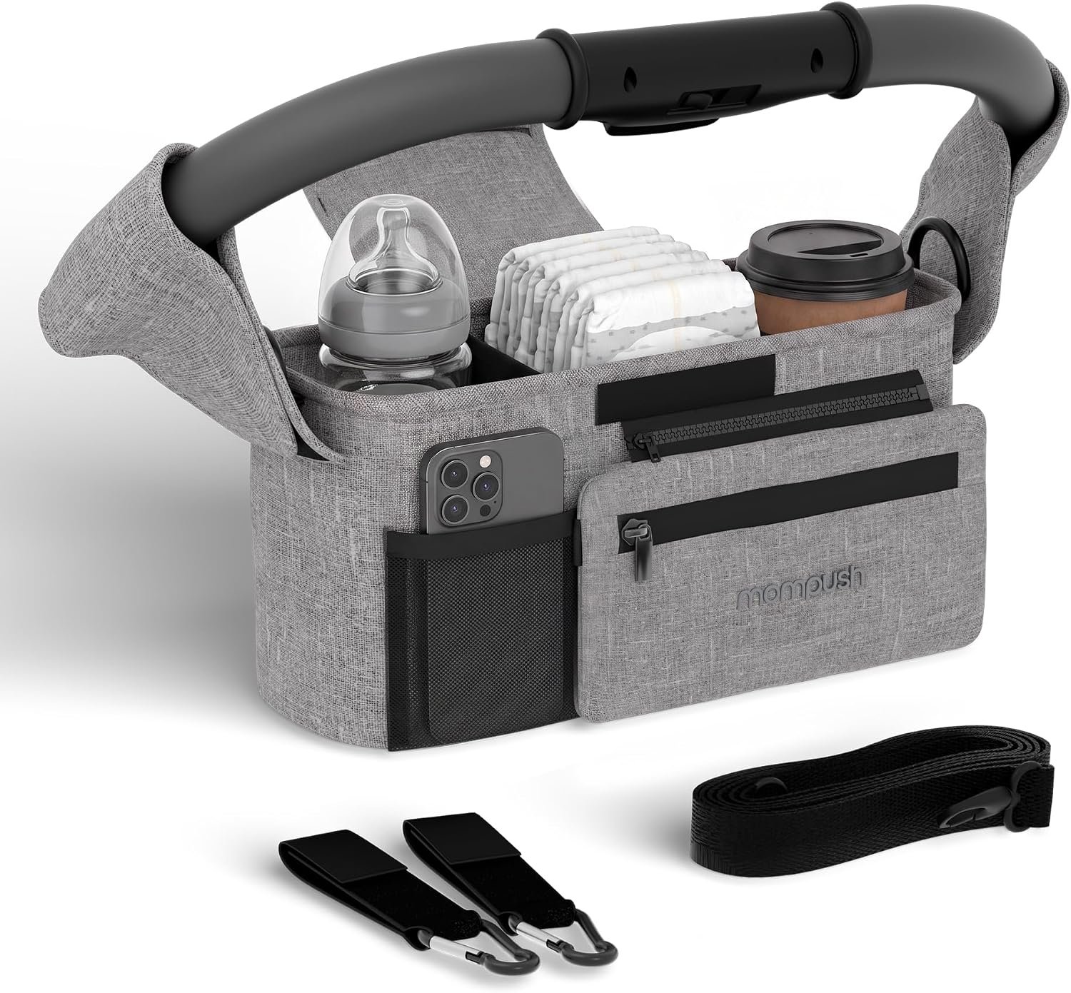 Mompush Universal Stroller Organizer Caddy with Insulated Cup Holder