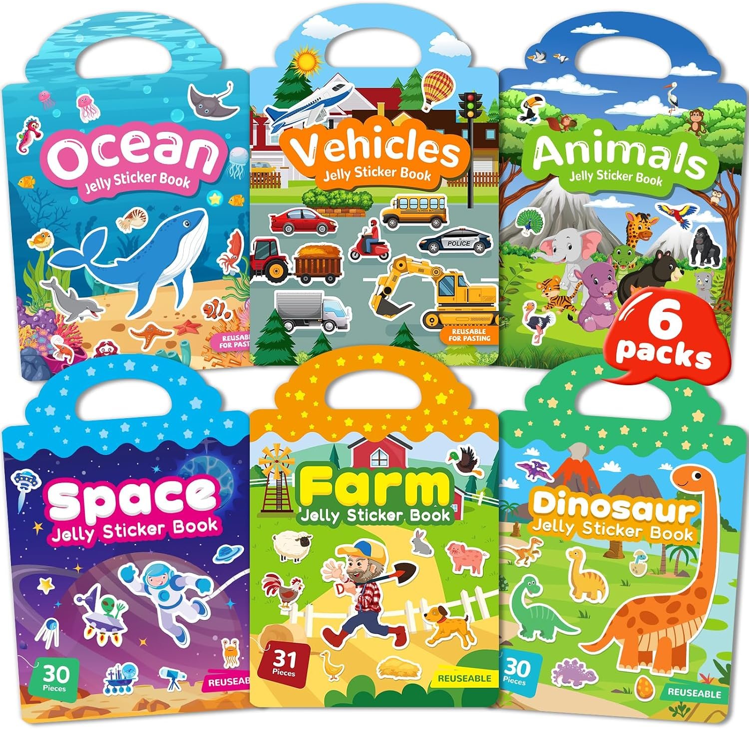 Zartores 6 Pack Jelly Reusable Sticker Book for Toddlers, Stickers for Kids