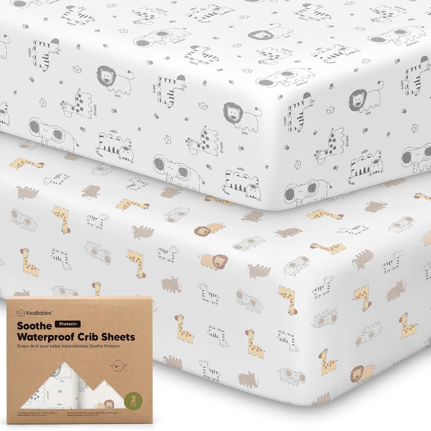 2-Pack Waterproof Crib Sheets for Boys, Girls, 52×28 Fitted (KeaSafari)