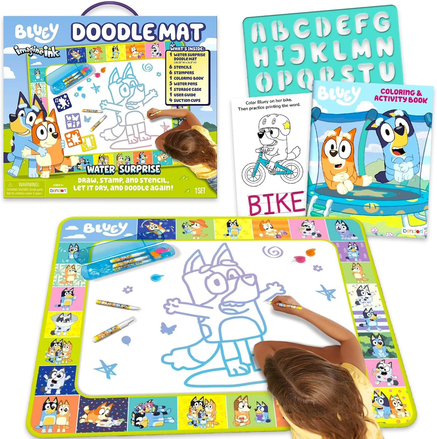 Bluey Activity Floor Pad for Kids – Large Imagine Ink Doodle Pad with Disappearing Ink, Water Pens, Stencils, Stampers, More | Bluey Activity Set
