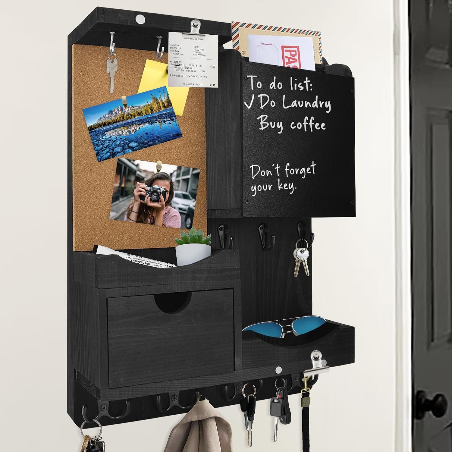 Key Holder Wall Mount with Drawer and Mail Organizer, Black