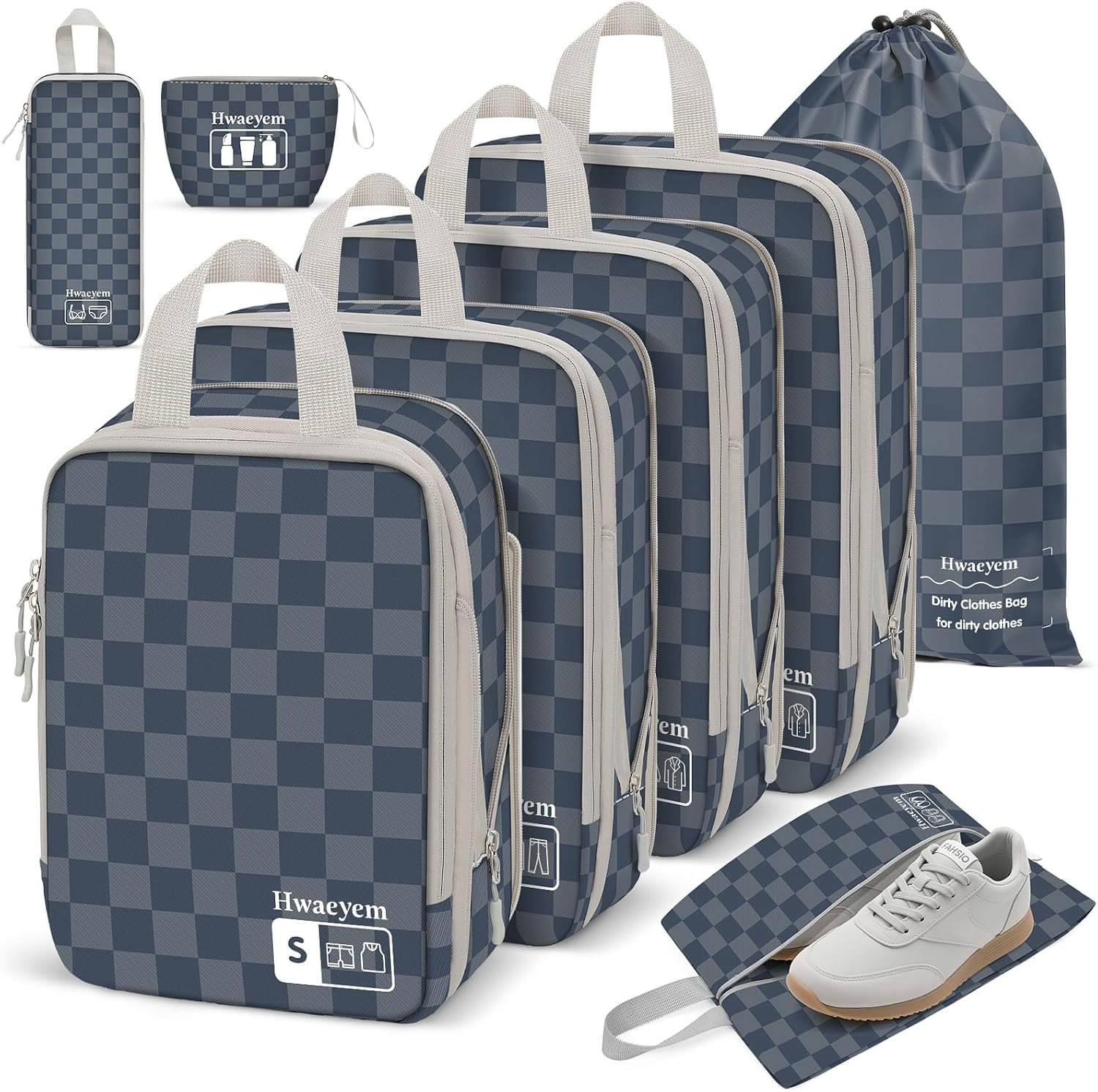 8 Set Compression Packing Cubes for Travel, Lightweight Dual Zipper Packing Cubes, Space-Saving Suitcase Organizer for Travel/Business Trip/Family Vacation (Blue-Gray Checkered)