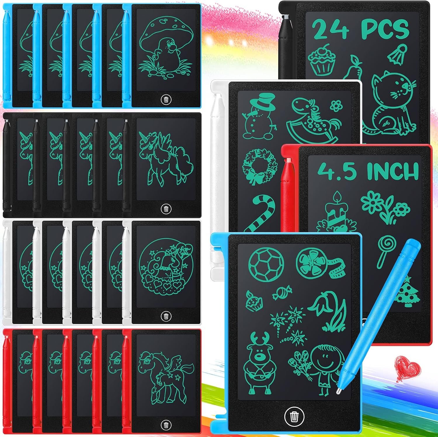 Zhehao 24 Pack 4.5″ LCD Writing Tablet for Kids, Core Colors, Classic
