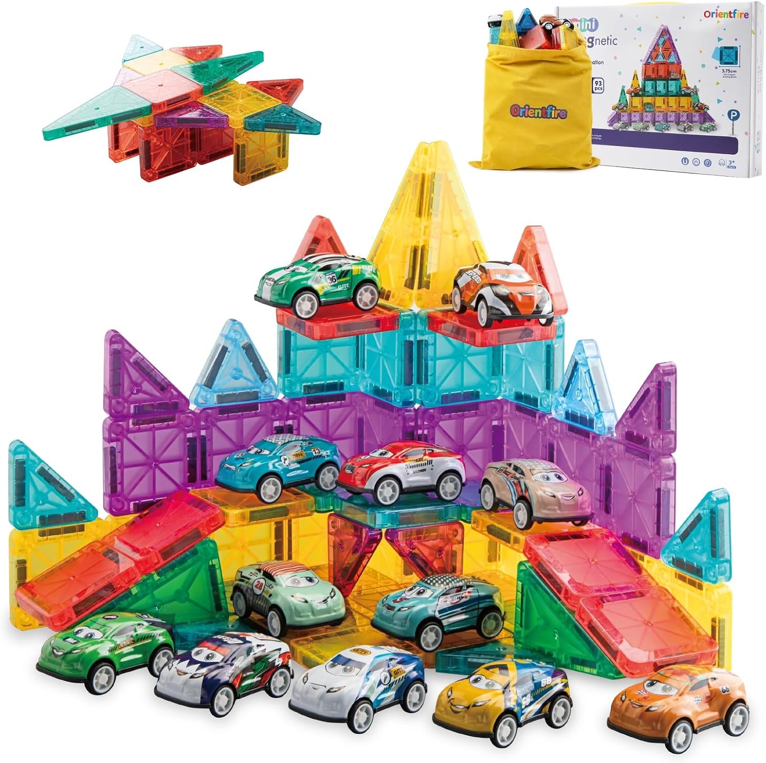 Mini Magnetic Tiles 93PCS Set with 12 Cars, STEM Building Blocks for Kids