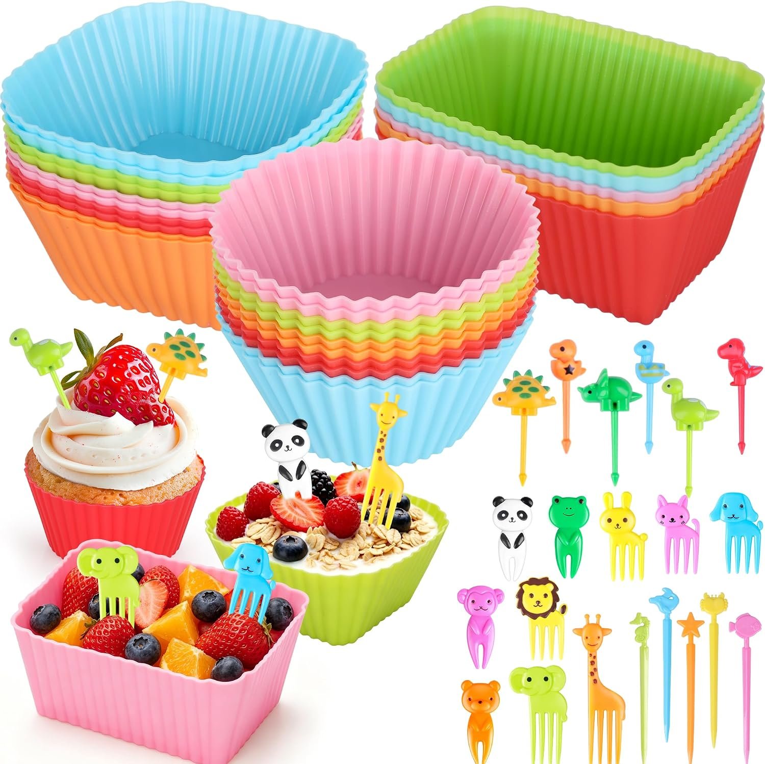 70PCS Silicone Lunch Box Dividers & Fun Animal Food Picks for Kids
