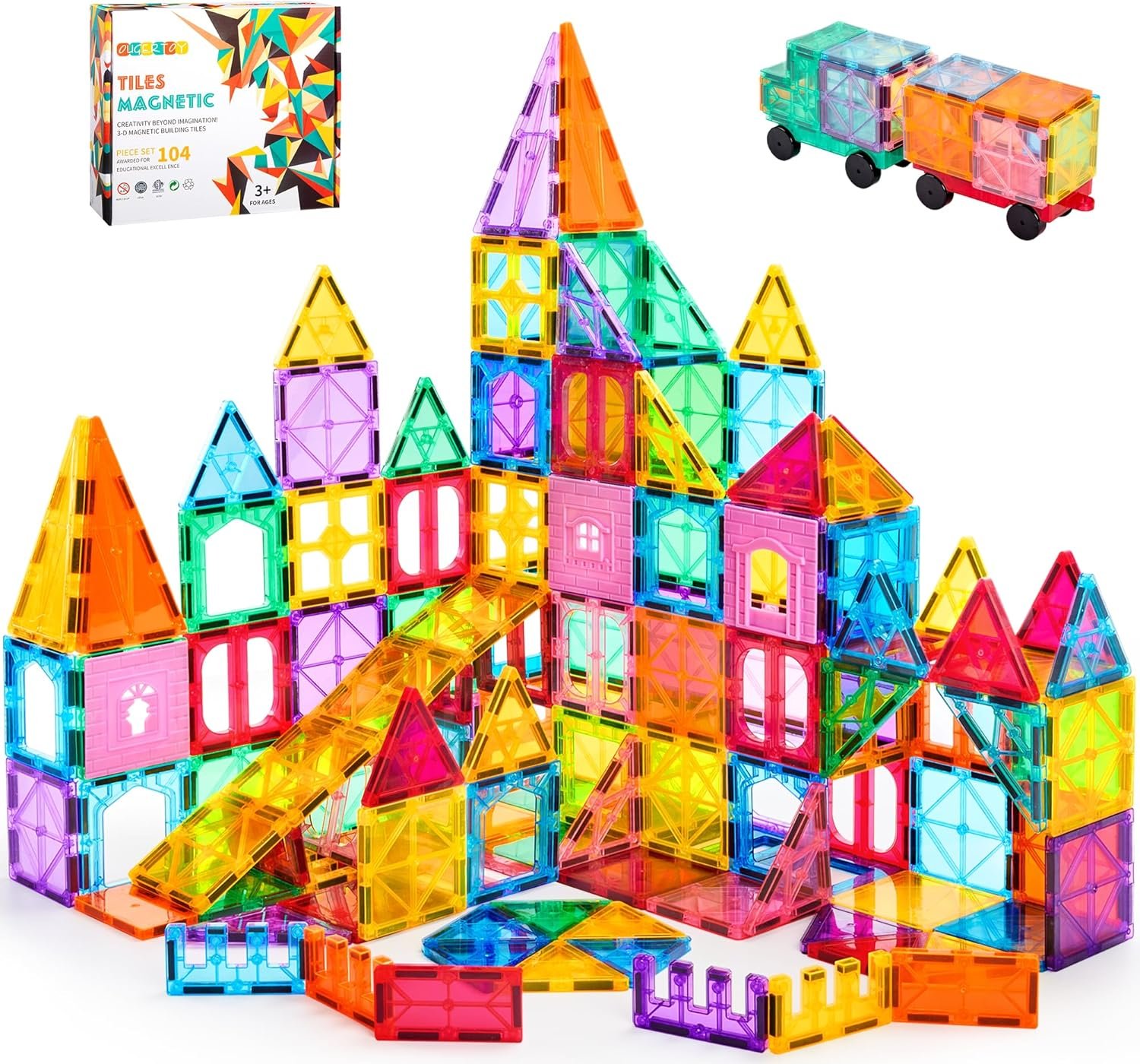 OugerToy 104PCS Magnetic Tiles STEM Building Blocks for Kids Ages 3-9