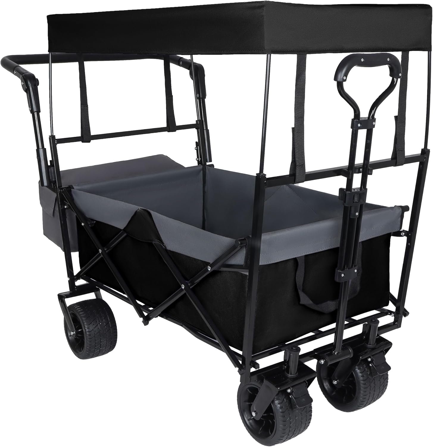 Heavy Duty Collapsible Wagon with Canopy, 480Lbs Folding Utility Cart w/Push Handle & 7″ All-Terrain Wheels, Large Capacity for Camping, Shopping, Garden – Compact Fold (Black)