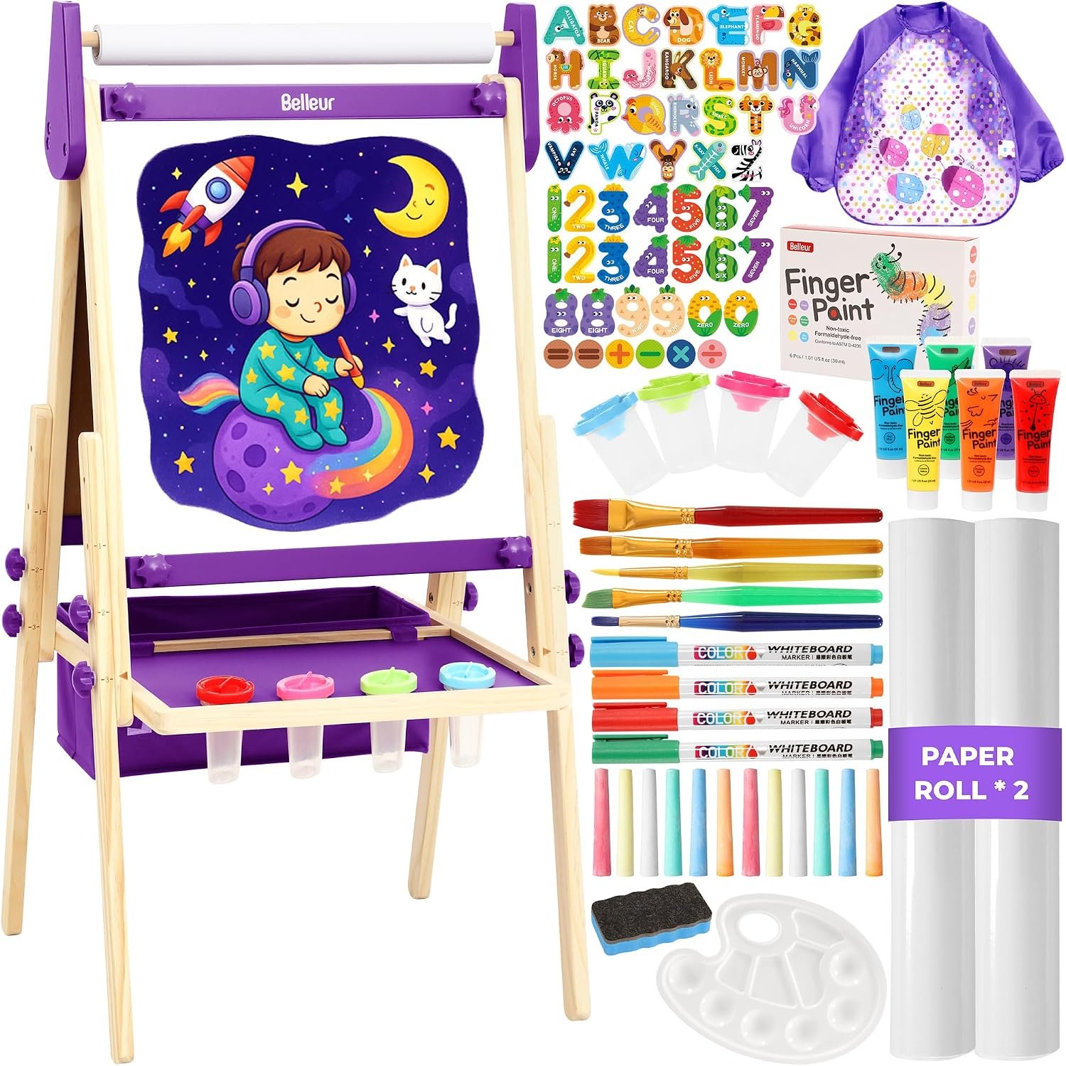 Belleur All-in-One Art Easel for Kids, Adjustable Double Sided Easel for Toddlers with Magnetic Whiteboard & Dry-Erase Chalk Board & Paper Roll, Child Painting Easel for Kid 2-8 Birthday Gift-Purple