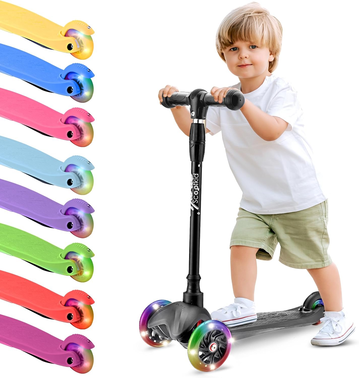 Hurtle Mini Kickboard 3 Wheel Scooter for Kids Ages 2-5 – Lean-to-Steer Toddler Scooter with Light-up LED Wheels, Adjustable Height & Rear Foot Brake for Boys. & Girls, Anti-Slip, Indoor/Outdoor