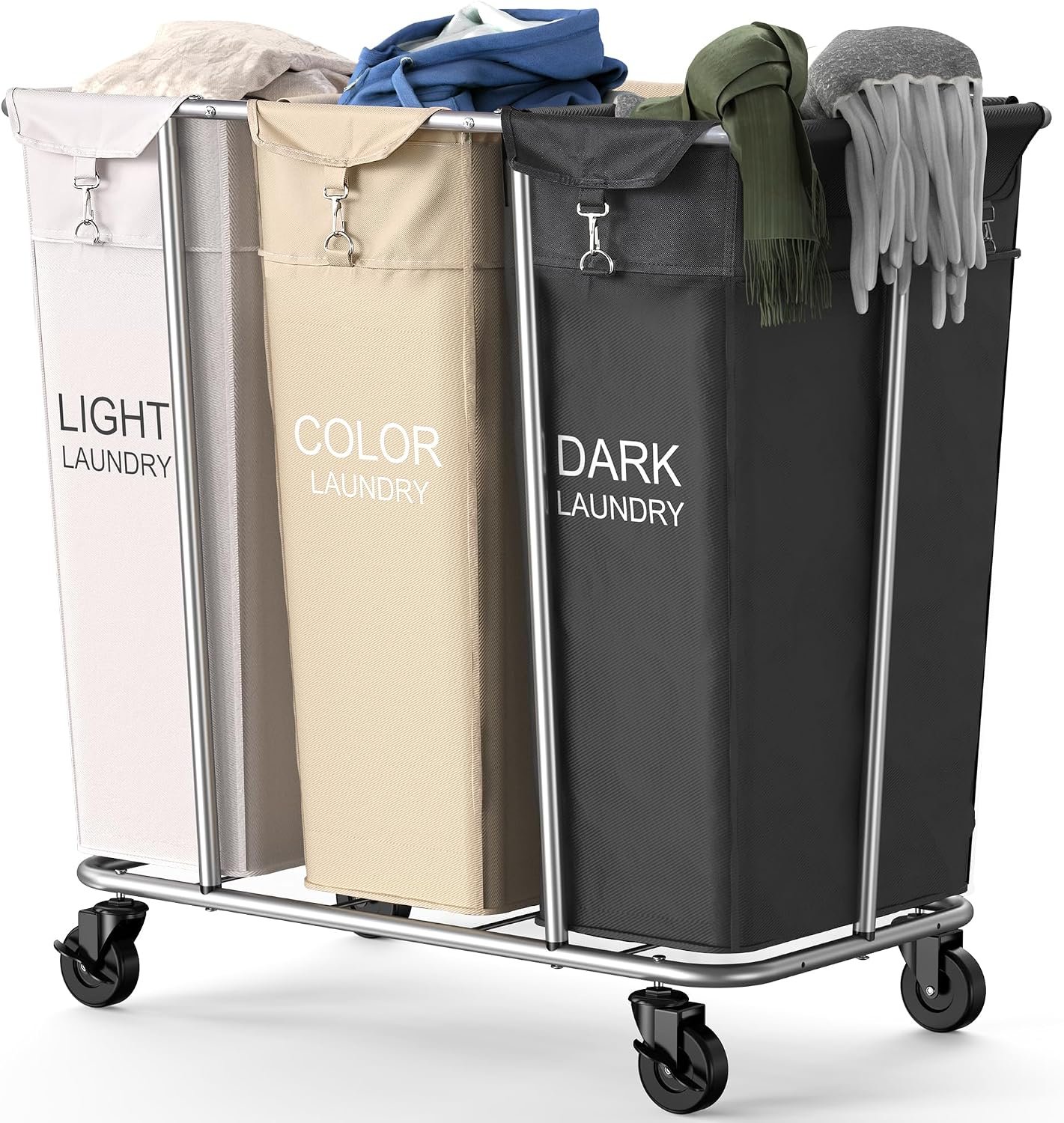PLKOW 220L 3-Section Rolling Laundry Sorter, Multicolor