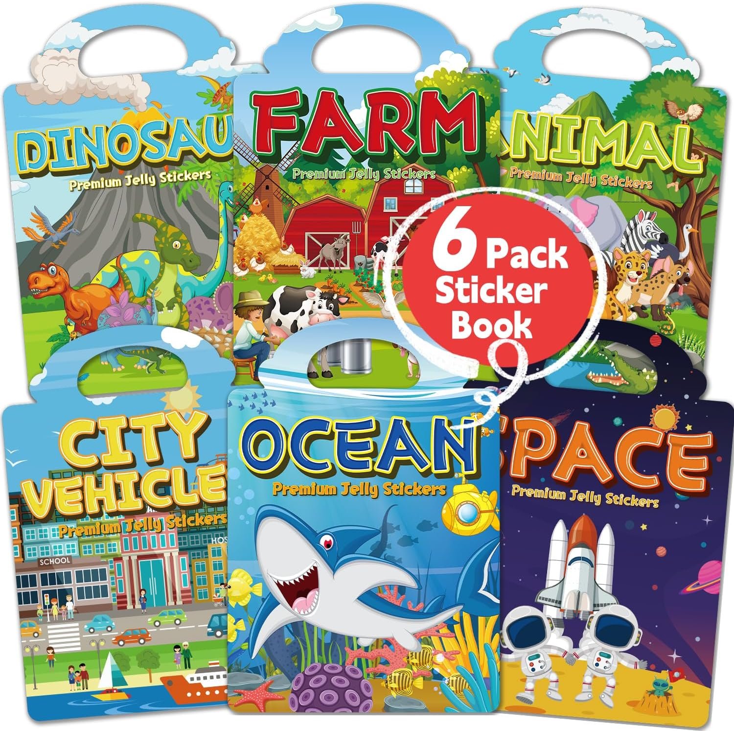 6 Sets Reusable Sticker Book for Toddlers 3-6, Jelly Sticker Books for Toddler, Travel Sticker Activity Toys for Kids 3 4 5 6 Years Old Girls & Boys