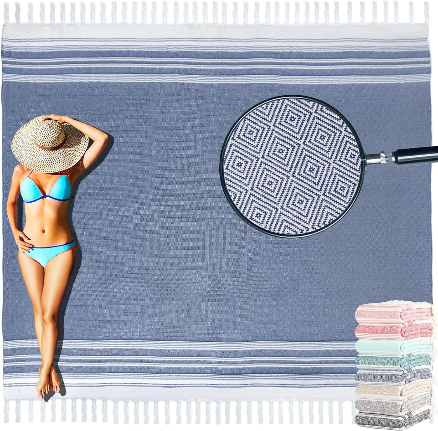 Yongoes Turkish Beach Towel Blanket Oversized 82×88 Blue Boho