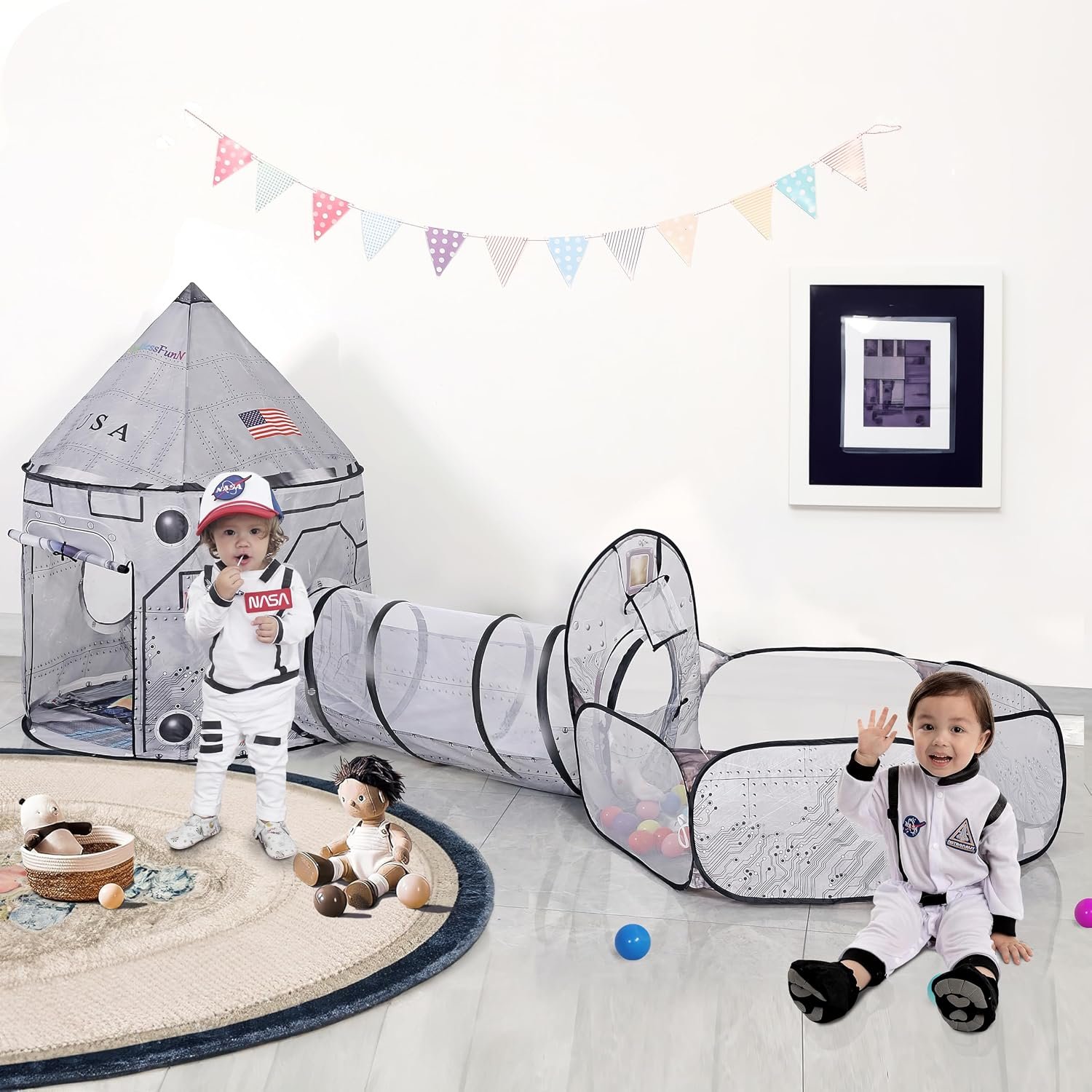 4PC Space Rocket Ship Kids Play Tent, Crawl Tunnel, Ball Pit & Lights