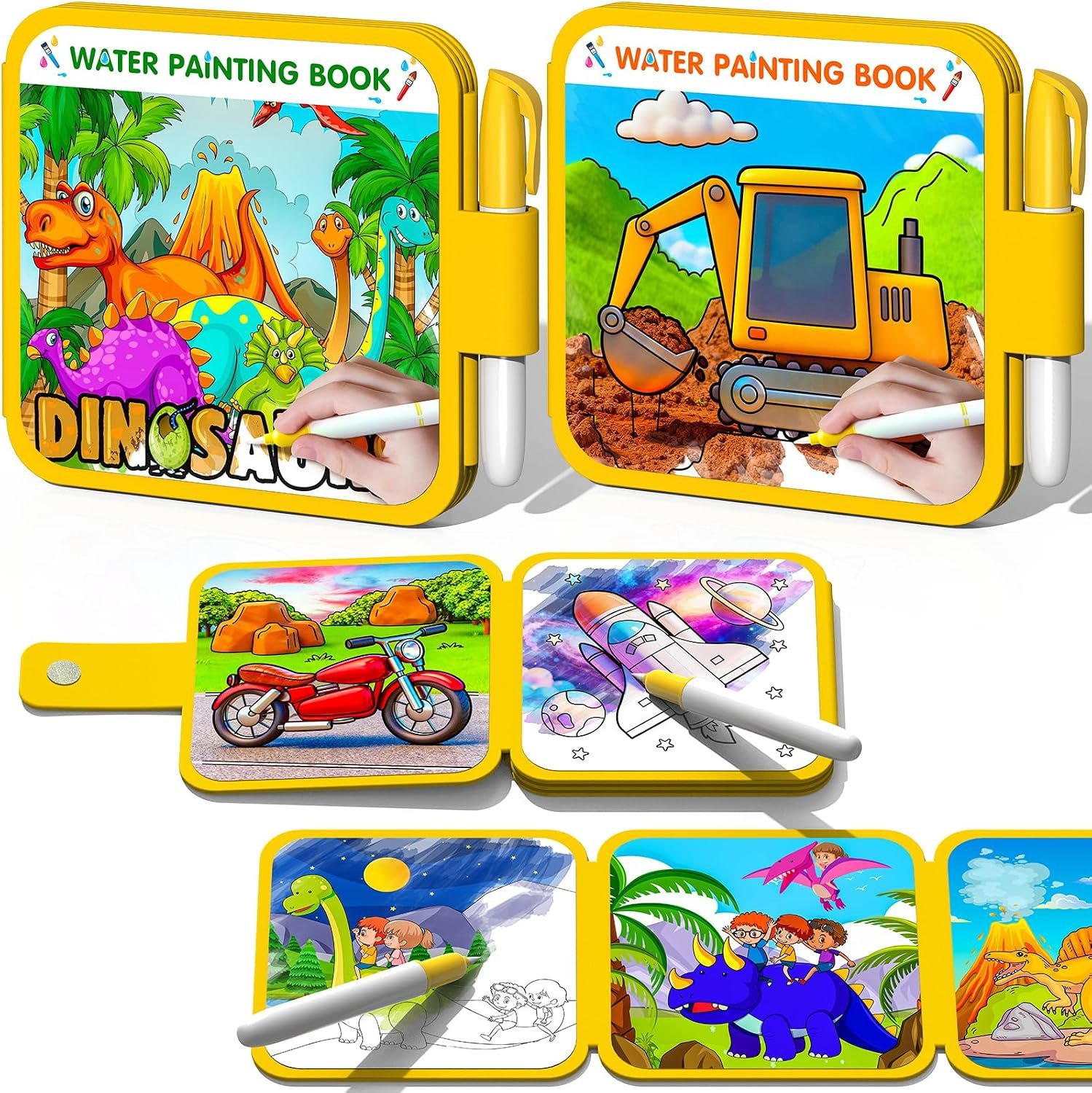 ZHOC Reusable Water Painting Books for Kids – 2 Pack Magic Water Reveal Coloring Books with Water Pens (Cars & Dinosaur) No-Mess Coloring Book Fun Travel Activity for Ages 3 4 5 6 7 8