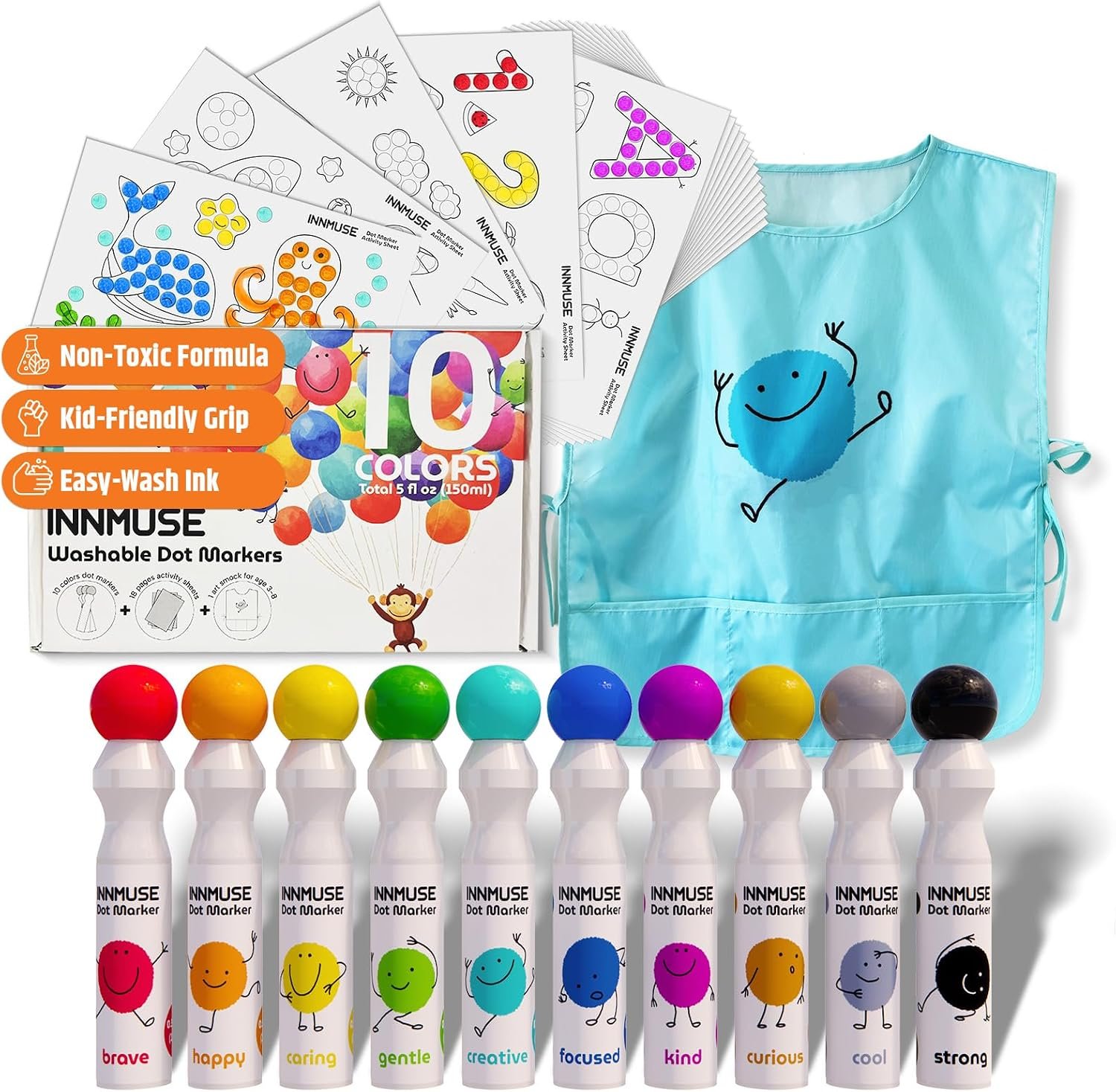 10-Color Washable Dot Markers for Toddlers, Bingo Daubers for Kids, Mess-Free Dot Paint Set with Smock, Activity Sheets & Printable PDF, Preschool Arts & Crafts Kit