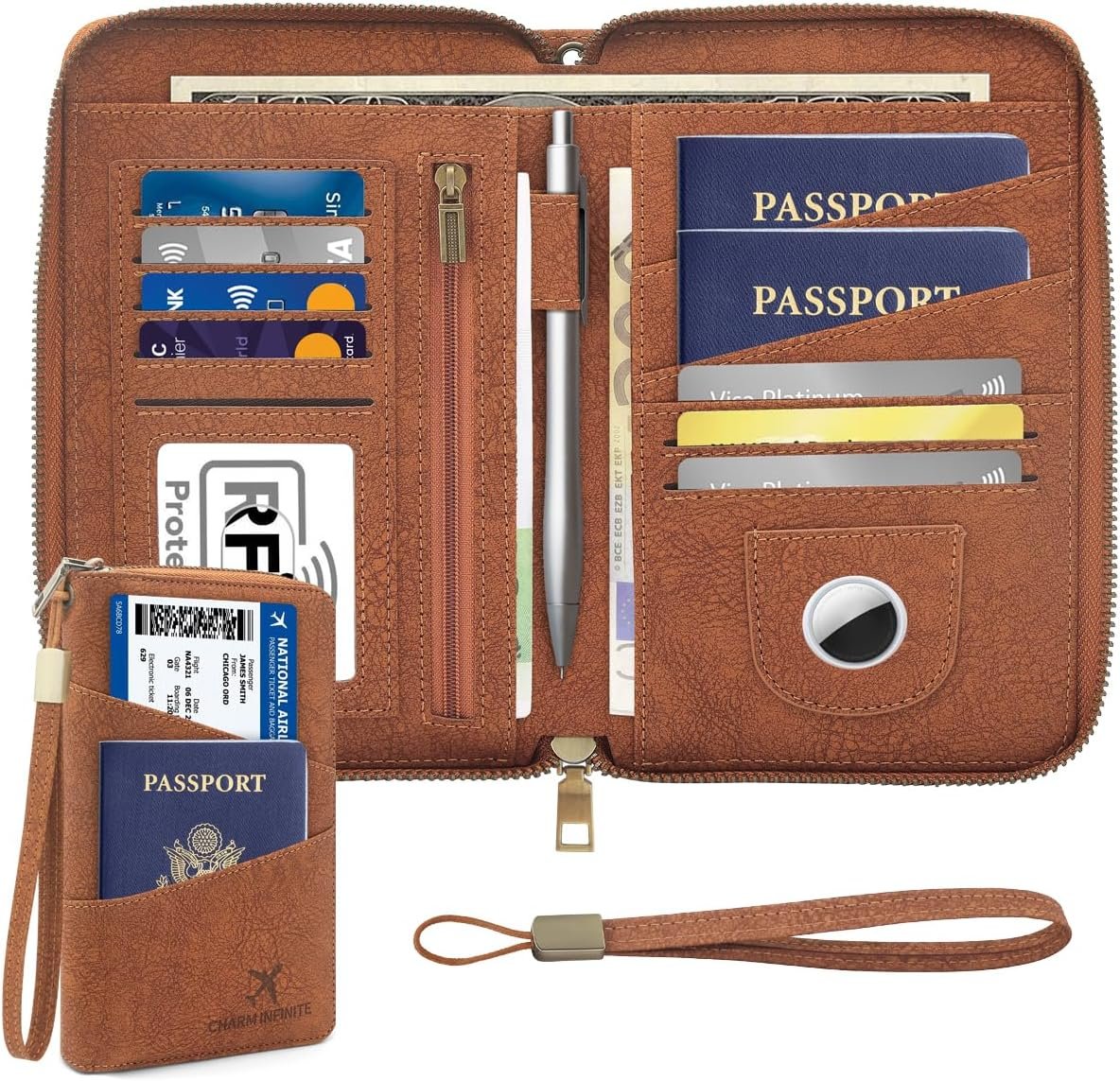 Family Passport Holder Wallet RFID Blocking Travel Document Holder Brown