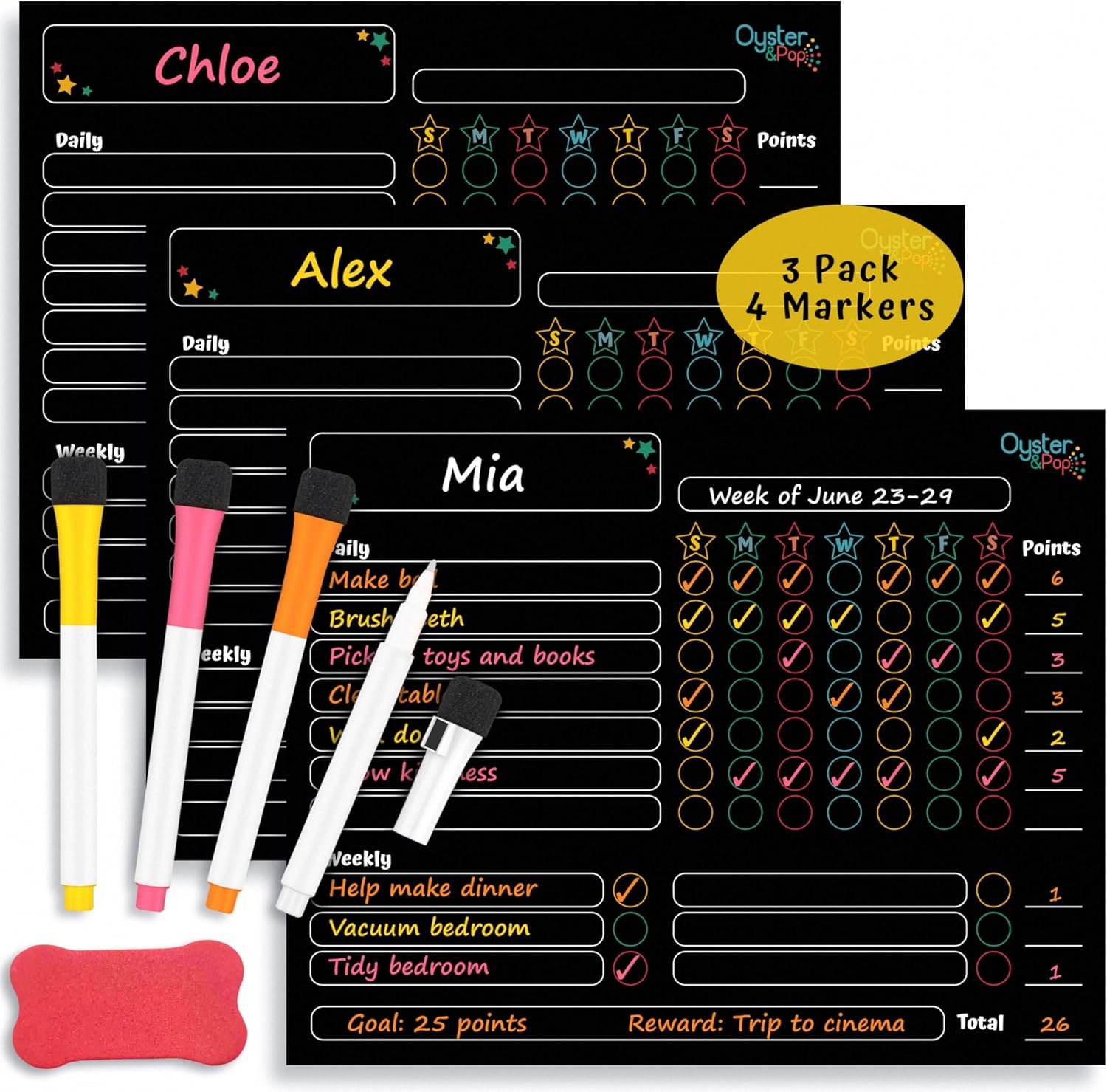 Oyster&Pop Black Chore Charts for Multiple Kids – 3 Pack Magnetic Dry Erase