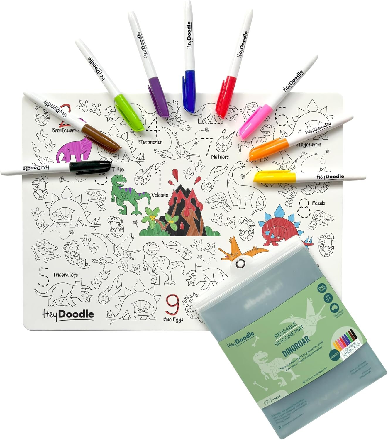 HeyDoodle DinoRoar Classic Doodle Mat – Reusable Silicone Coloring Mat for Toddlers and Kids – Educational Dinosaur & Numbers Activity Pad with 9 Markers – Mess-Free Travel Toy – Ages 3-7