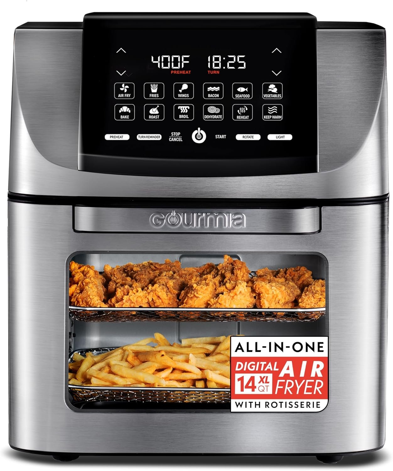 Gourmia Air Fryer – 14 Qt Rotisserie Oven with Window, Stainless Steel