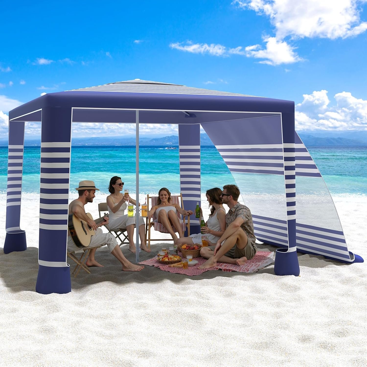 MoKo Beach Cabana, 8’×8′ Large Beach Canopy with Side Wall, UPF 50+ Protection Easy Setup Beach Tent Sun Shelter, Adjustable Height Wind Resistant Cabana Beach Tent for Whole Family, Navy Stripes