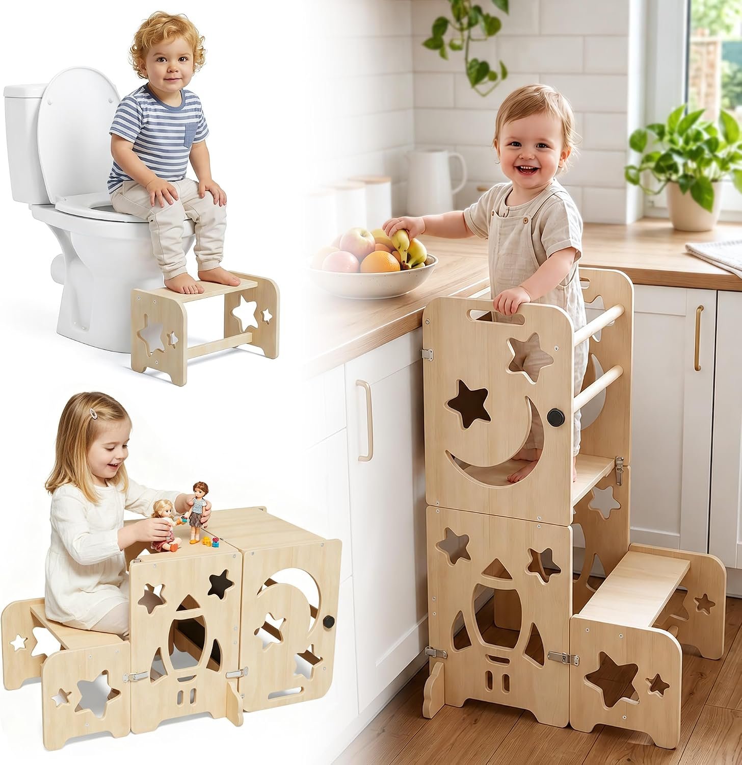Toddler Standing Tower, 4-in-1 Kitchen Stool with Blackboard