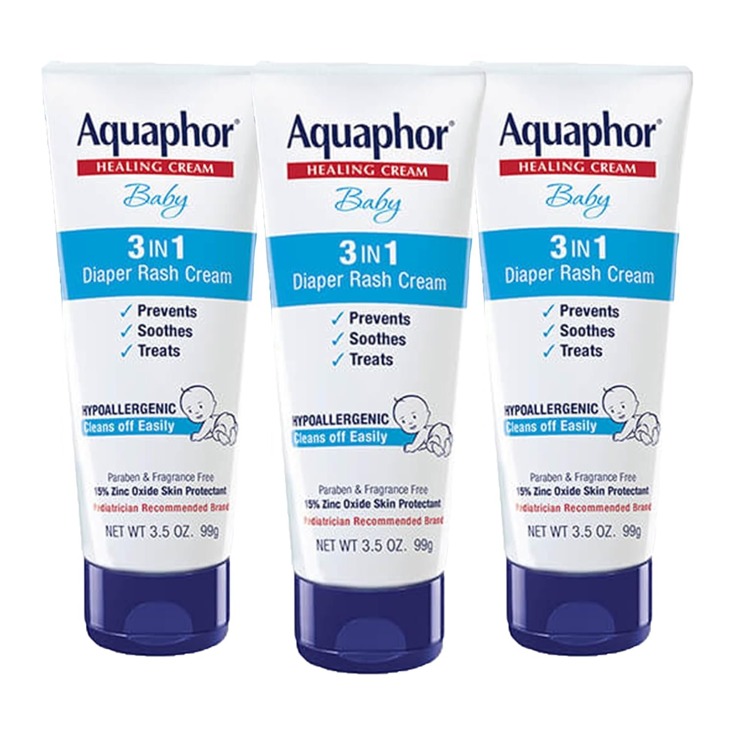 Aquaphor Baby Diaper Rash Cream with Zinc Oxide, Multipack, 3 x 3.5 OZ