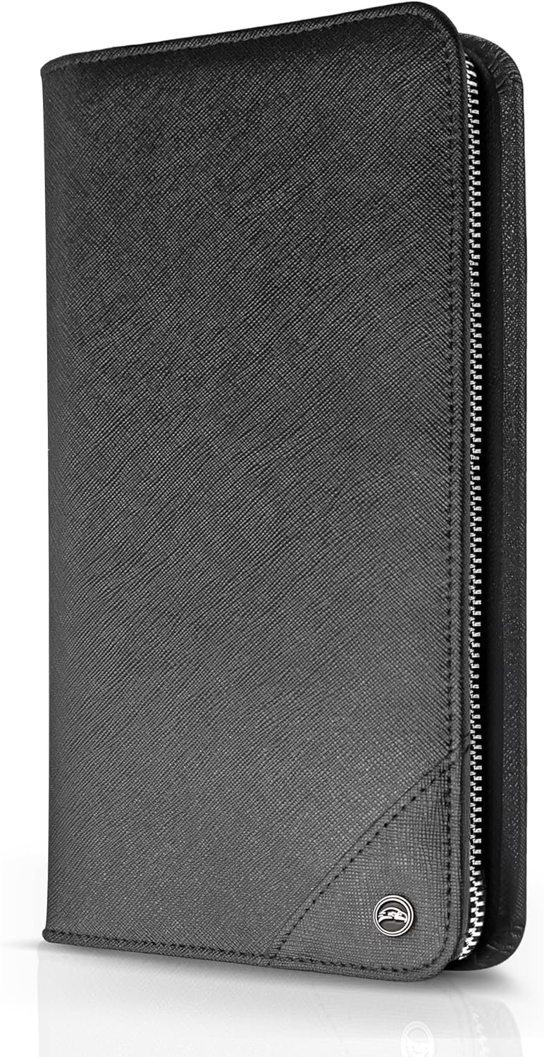 SnazzyHawk Family 4 Passport Holder – Travel Wallet RFID Blocking, Document Organizer, Essentials Plane Accessory Cover for Women Men (Black)