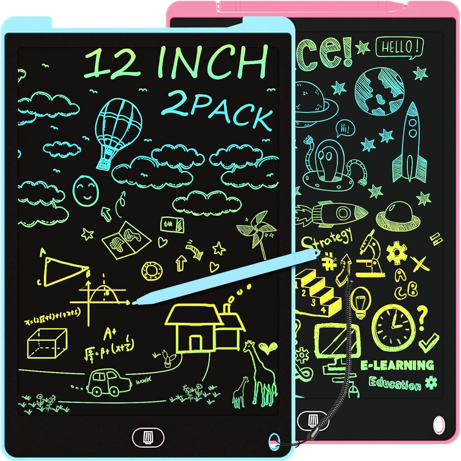 2 Pack 12 Inch LCD Writing Tablet, Colorful Doodle Board – Pink & Blue