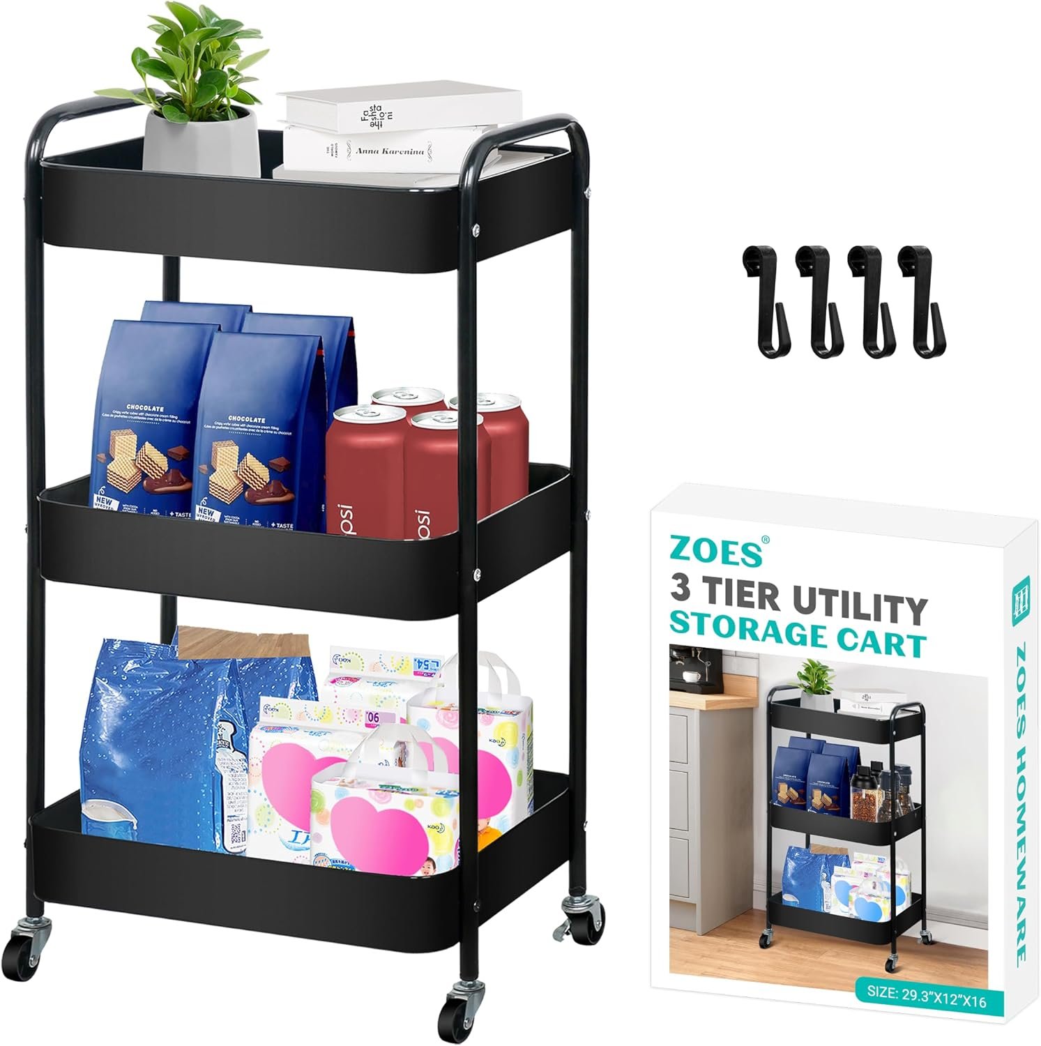 ZOES HOMEWARE 3 Tier Metal Rolling Cart on Wheels,Heavy Duty Utility Cart