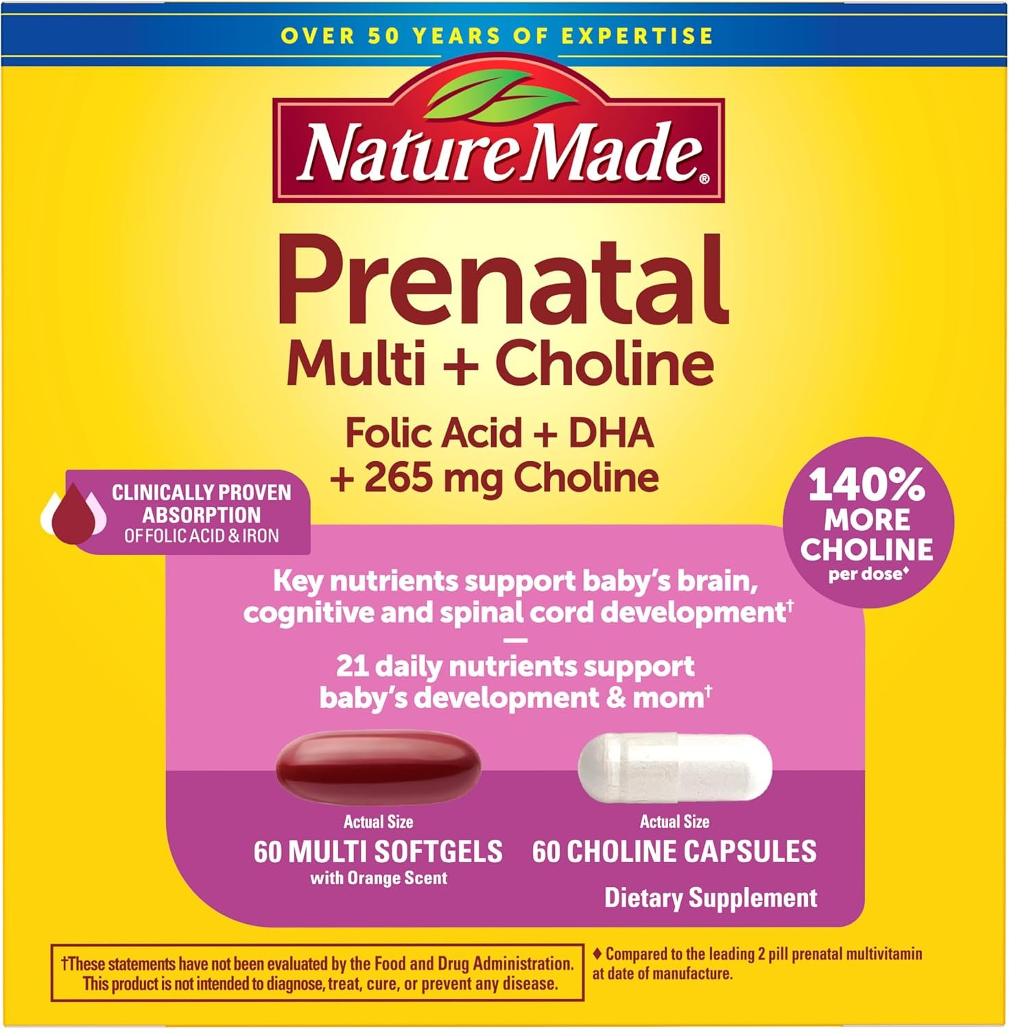 Nature Made Prenatal Vitamin Softgels + Choline Capsules, 60 Count of Each