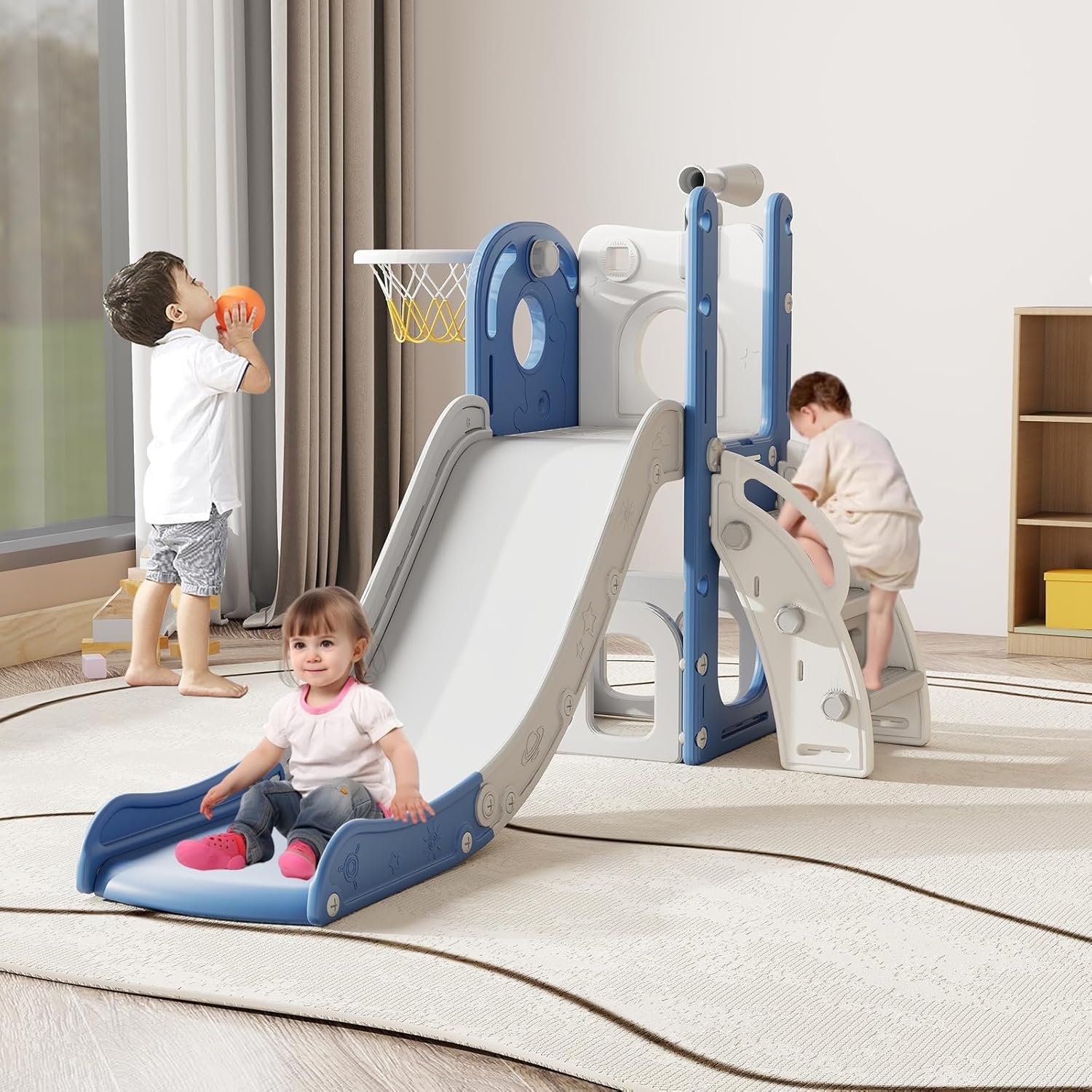 kinbor 6 in 1 Toddler Slide, Kids Slide for Toddler 1-3, in/Outdoor, Blue