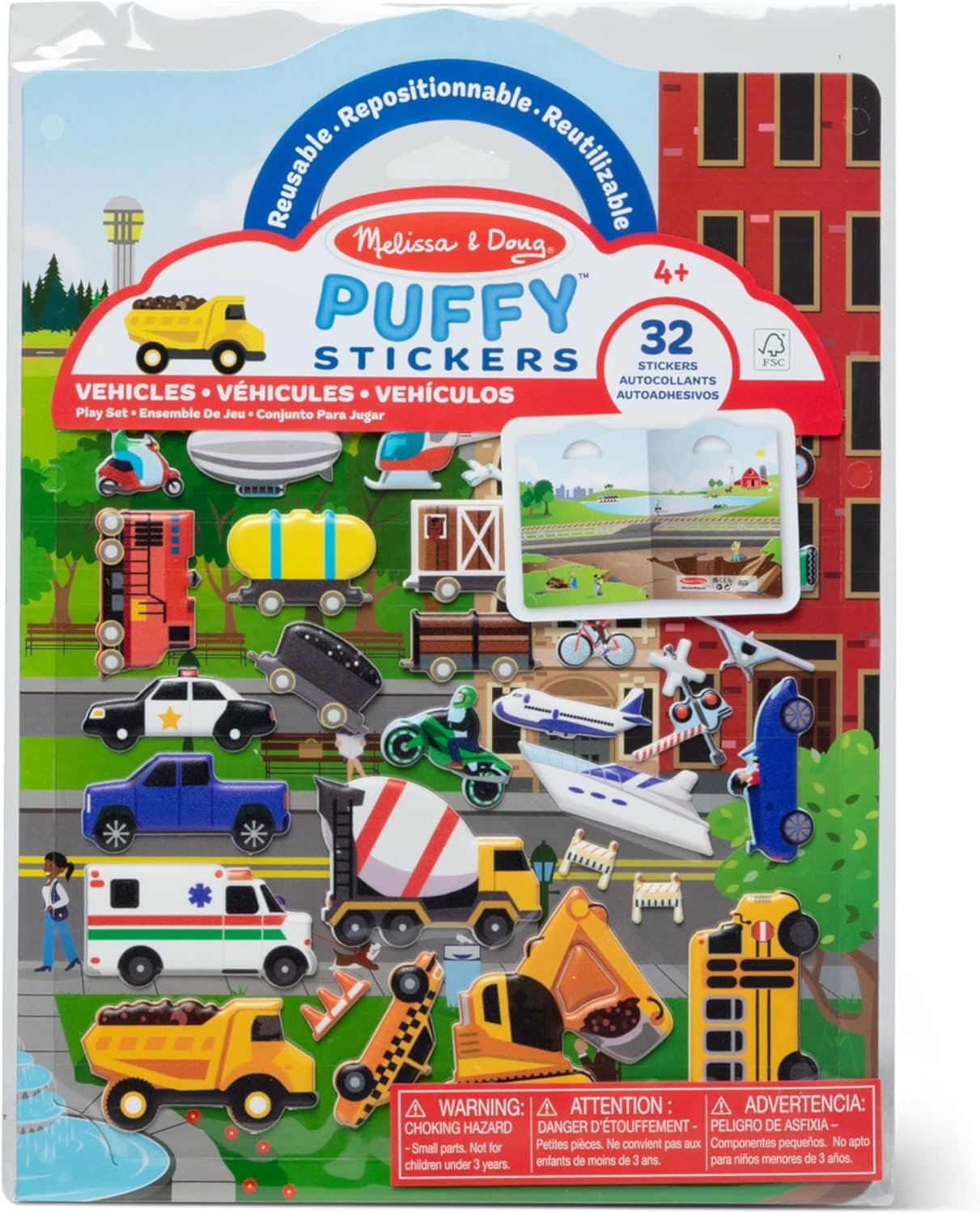 Melissa & Doug Vehicles Puffy Sticker Play Set Travel Toy with Double-Sided Background, 32 Reusable Puffy Stickers