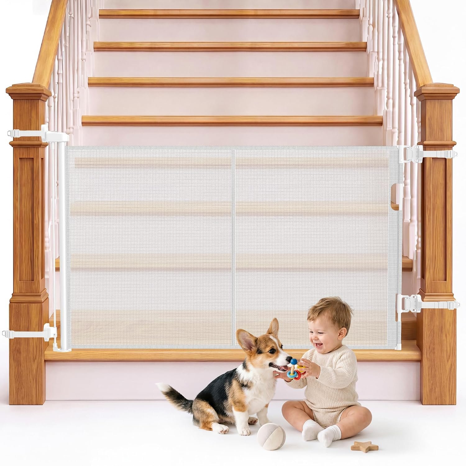 Reinforced Retractable Baby Gate for Stairs & Banister, 55″ Wide Mesh Dog Gate, One-Handed Dual Lock Safety Gate for Kids & Pets, Fits Round & Square Posts (White)