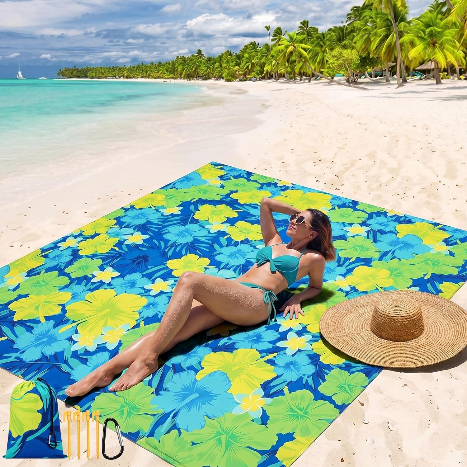 Oversized Beach Outdoor Blanket 79″ x 83″ Tropical Sandproof