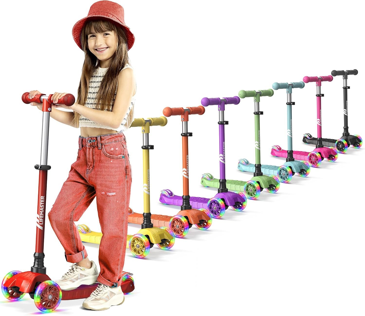 Lifemaster Mini 3-Wheel Kids Scooter with Multi-Color Wheel Lights – 4-Height Adjustable Handlebar, Wide Anti-Slip Deck, Child Safety Certified, Boys & Girls Ages 2+ Supports Up to 110 lbs