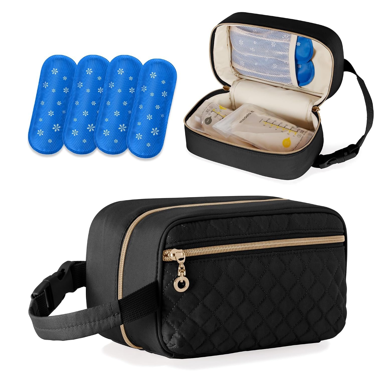 Damero Breastmilk Cooler Bag with 4 Ice Packs and Buckle Handle, Black