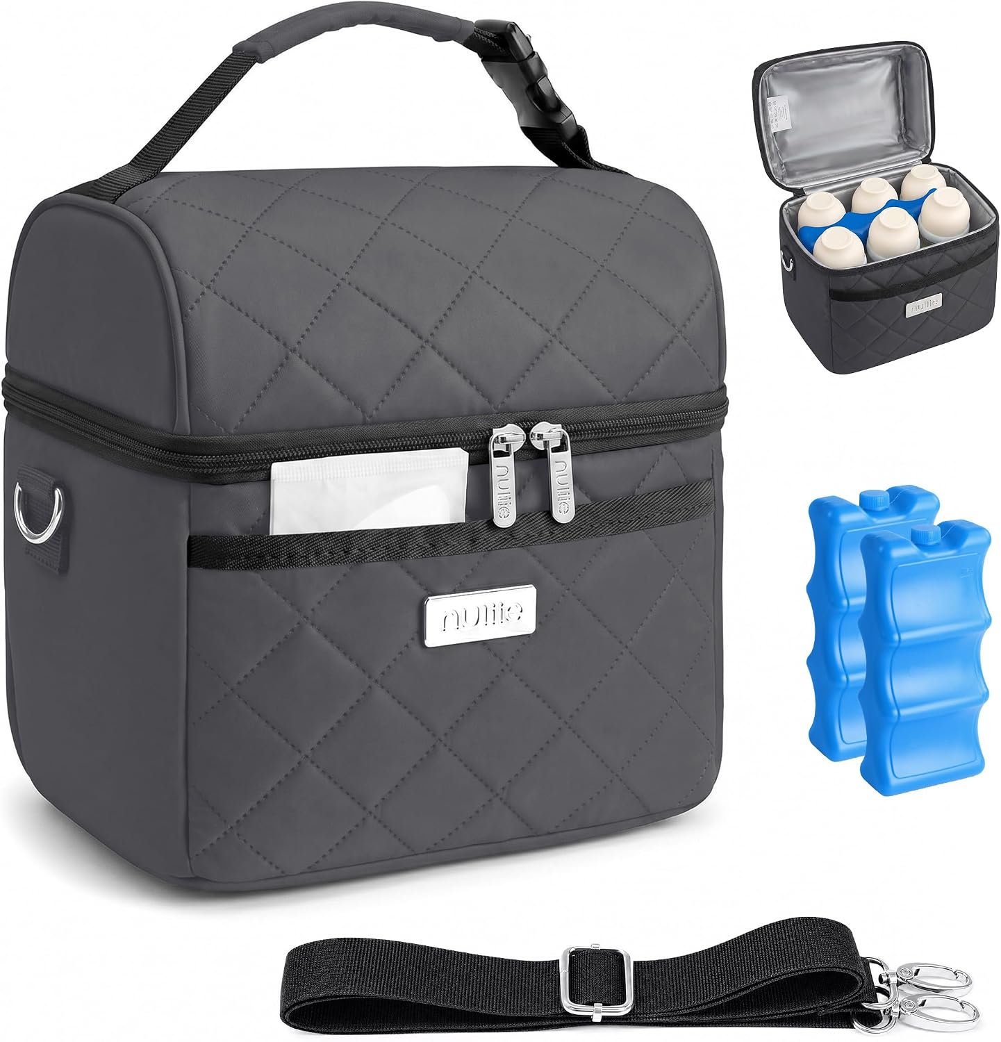 Nuliie Breastmilk Cooler Bag with 2 Ice Packs, Fits 6 Baby Bottles Up to 10 Ounce, Four Layer Insulated Baby Bottle Bag for Daycare, Breast Milk Cooler with Pocket, Strap & Buckle, Waterproof, Grey