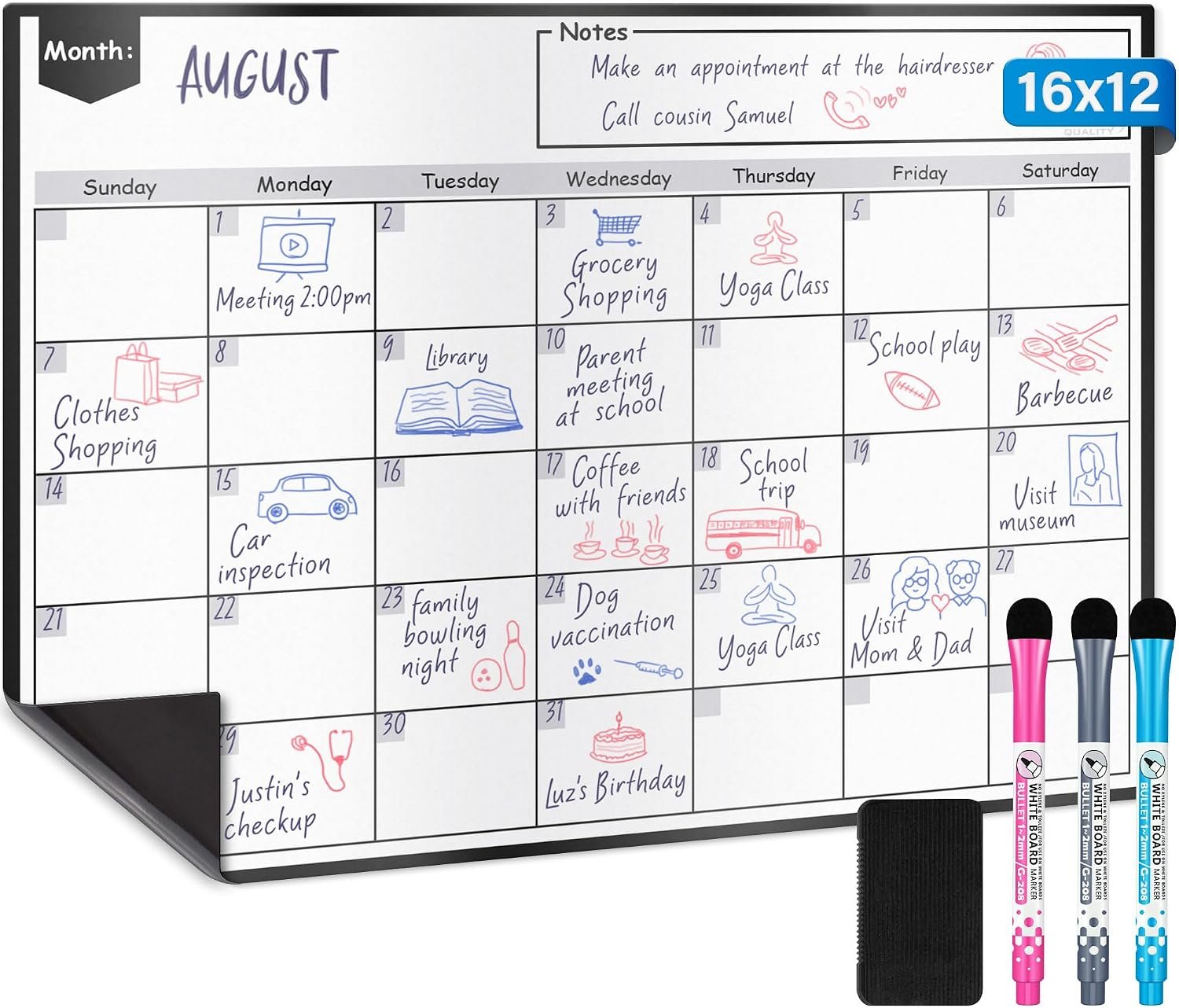 Magnetic Dry Erase Whiteboard Calendar for Fridge (16 x 12”), Refrigerator White Board Sheet w/ 3 Colorful Markers & Eraser, Monthly Meal Planner & Organizer for Family by Yes4Quality