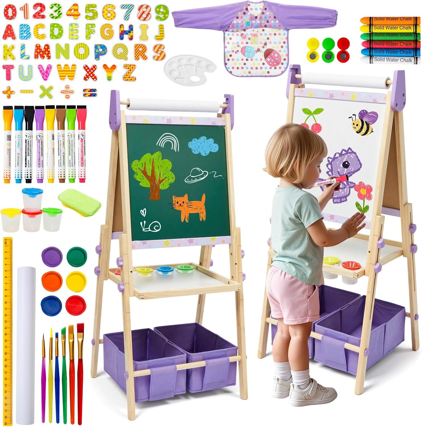3-in-1 Kids Art Easel Set, Height Adjustable Magnetic Whiteboard & Chalkboard with Painting Paper Roll, Wooden Dual-Sided Art Station for Toddlers & Children Ages 3-8 (Art Supplies Included)