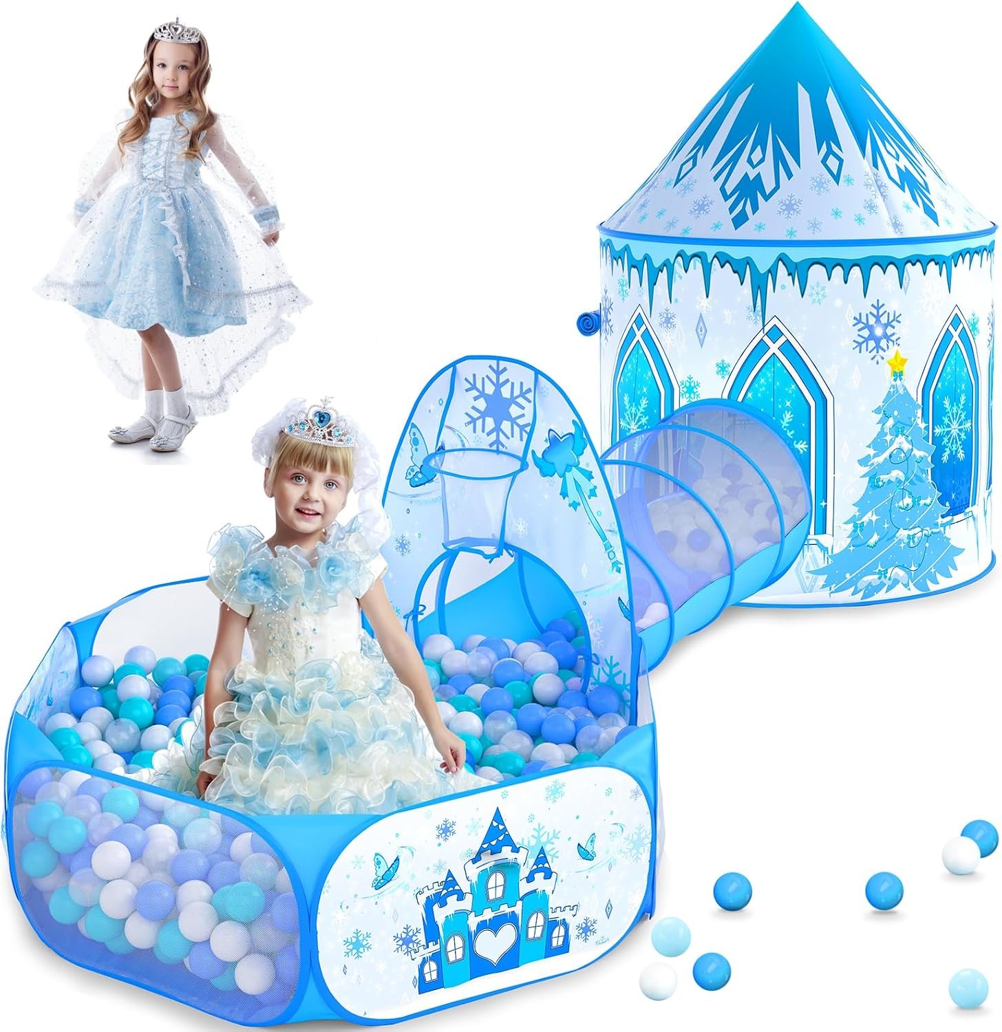 3 in 1 Girls Frozen Play Tent for Kids: Pop Up Baby Playhouse with Toddlers Crawl Tunnel, Ball Pit and Princess Castle Tent – Children Play Tent Frozen Toys Indoor and Outdoor Game for Birthday Gift
