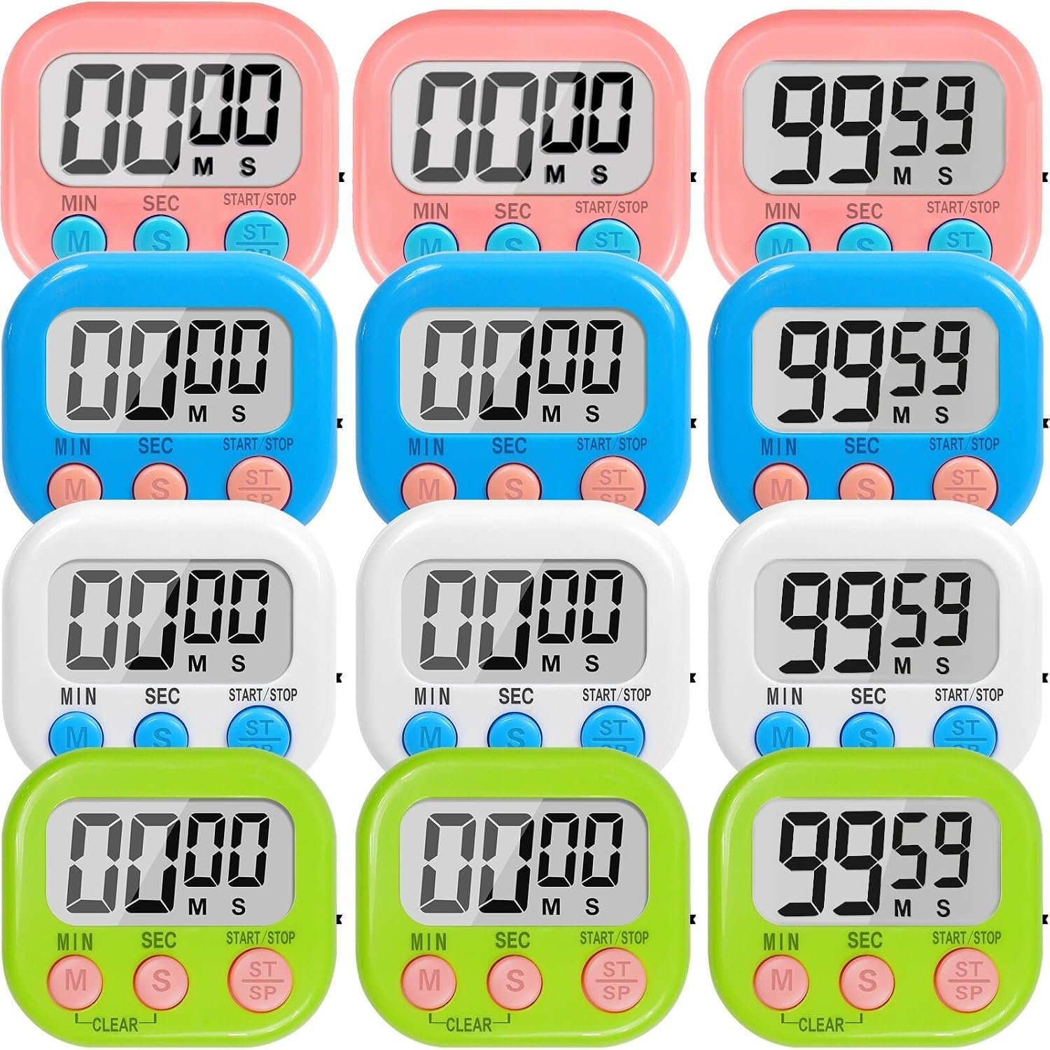 12 Pack Digital Kitchen Timers for Cooking, Loud Alarm Large LCD Display Magnetic Classroom Timers for Teachers Kids, Extensively Use in Classroom, Cooking, Meeting, Gym
