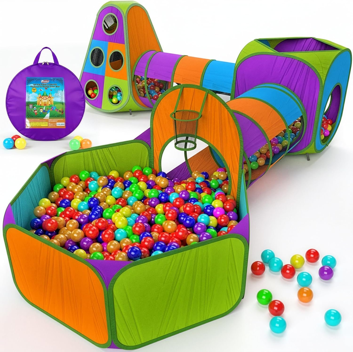 Playz 5pc Pop Up Play Tent and Crawl Through Tunnels for Kids w/Carry Bag