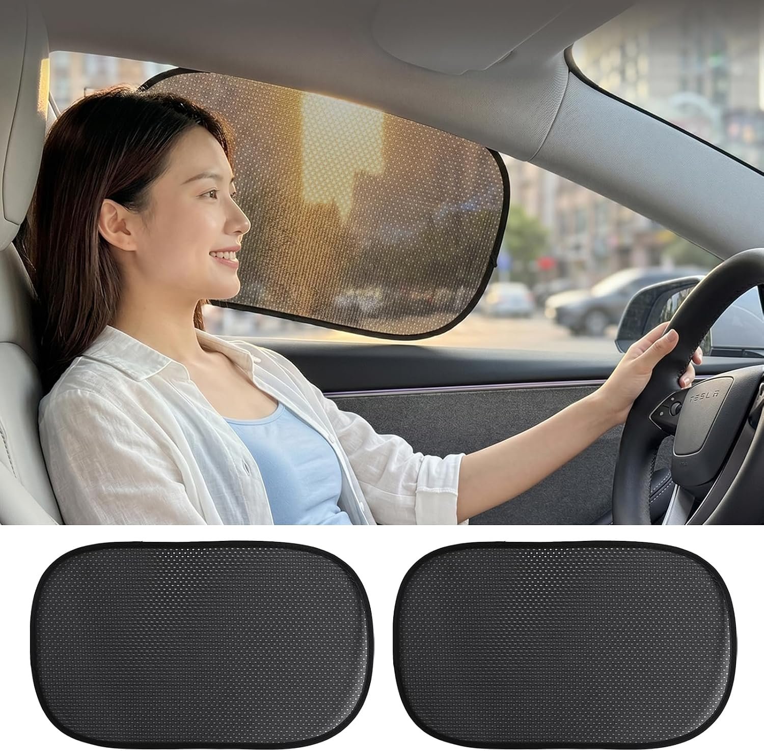 Car Window Shades (2 Pack) – Upgraded Mesh Sun Shade, Strong Static Cling – Heat Blocking, Anti-Glare & UV Protection – Foldable Memory Frame, Won’t Block View – Universal Fit 99% Cars
