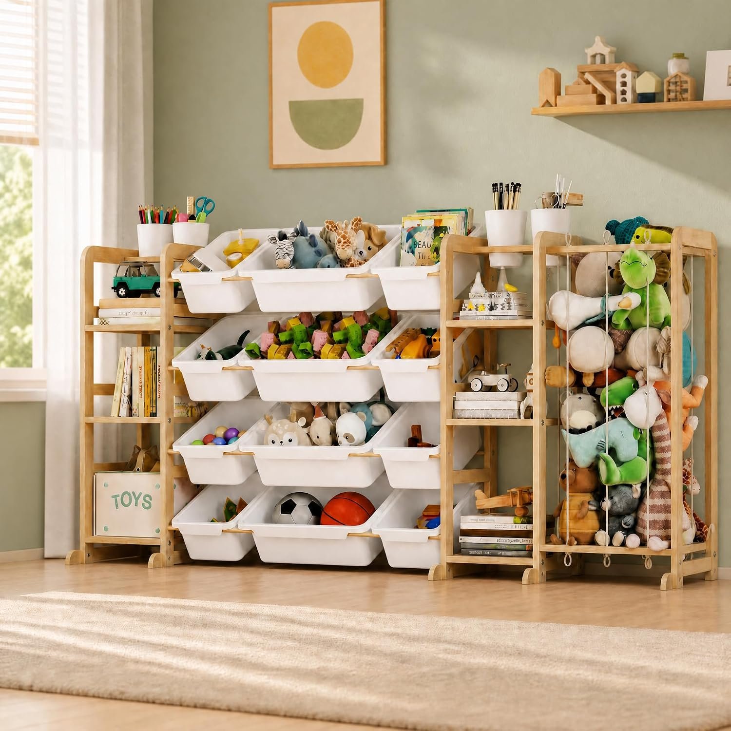 4-in-1 Toy Storage Organizer with 2 Bookshelf, 1 Stuffed Animal Storage and 12 Plastic Bins – Toys Organizer for Kids Room – Wooden Toy Rack for Playroom, Bedroom, Nursery Decor