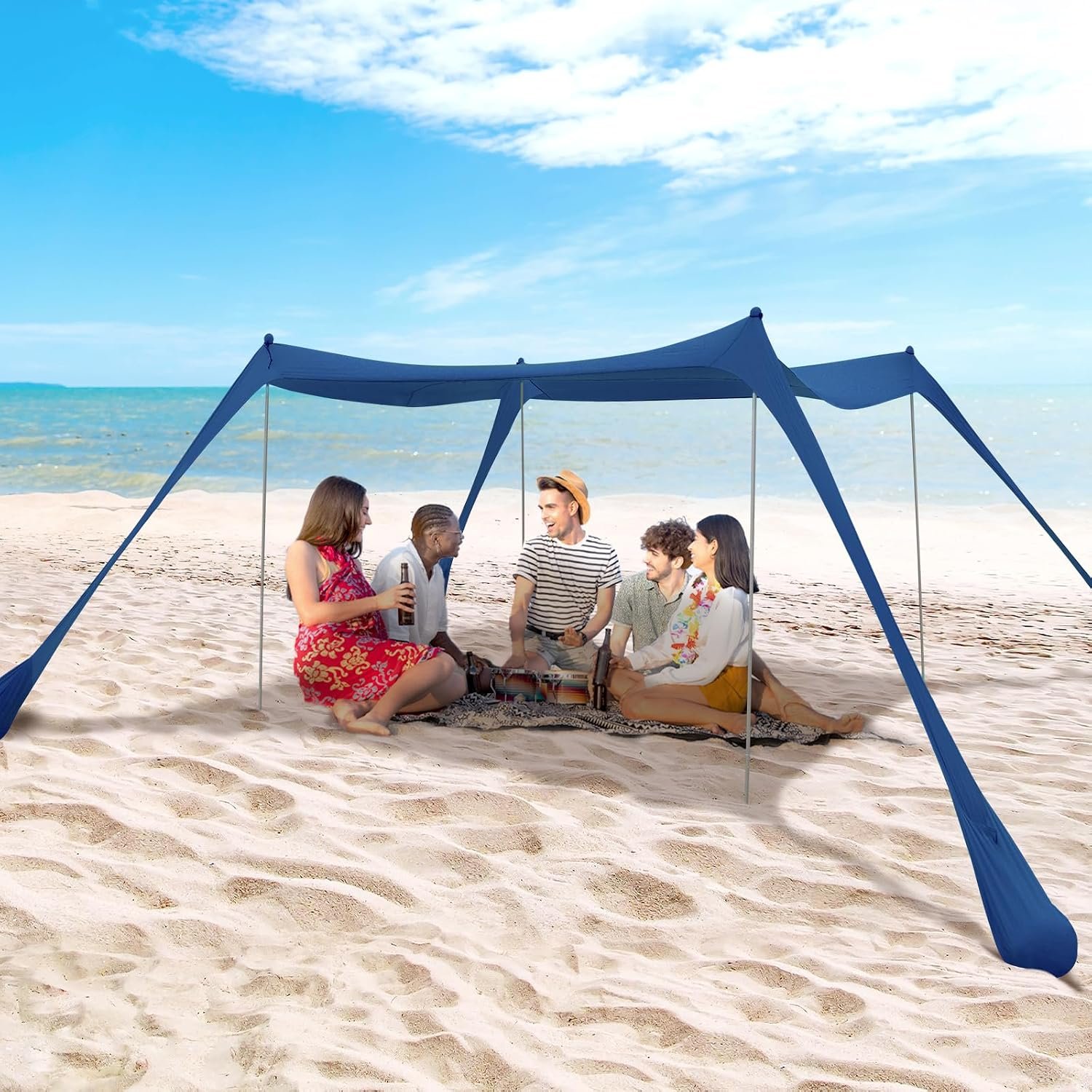 Family Beach Tent Canopy Sun Shade, Pop Up Grande Beach Tent Sun Shelter Stability 4 Poles with Portable Carry Bag Outdoor Shade for Fishing Backyard Camping