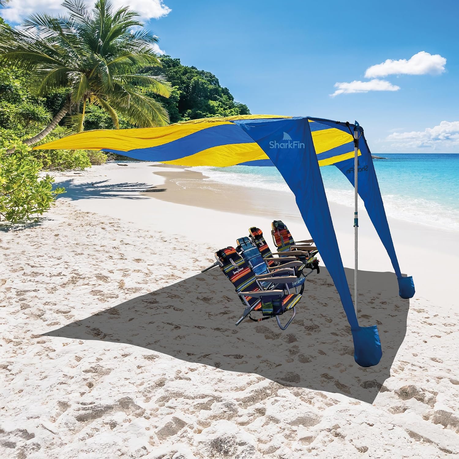 Shark FIN Shade Beach Tent Wind Sun Canopy Portable Easy Set Up UPF 50+ No Assembly Required 3-30 MPH – 1 to 8 People – Tie Downs Included – 2 Sizes Large 9′ X 10′ & Giant 13.5′ X 10′ PATENTS Pending