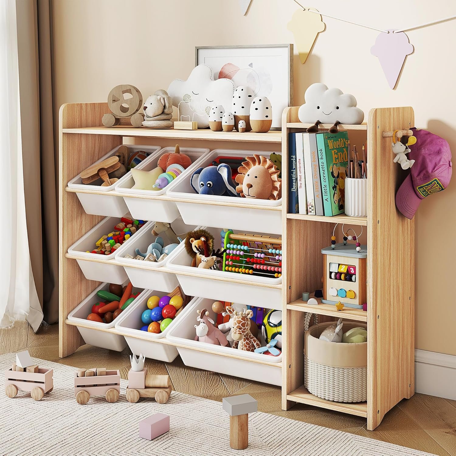 GITAWUSA Kids Toy Storage Organizer, Wooden Shelf with 3 Tiers and 9 Storage Bins, Nursery Room Organizer for Books and Toys, White and Natural Wood