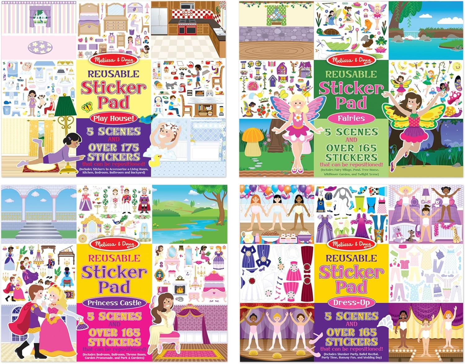 Melissa & Doug Reusable Sticker Pads Set: Fairies, Princess Castle, Play House, Dress-Up – 680+ Stickers