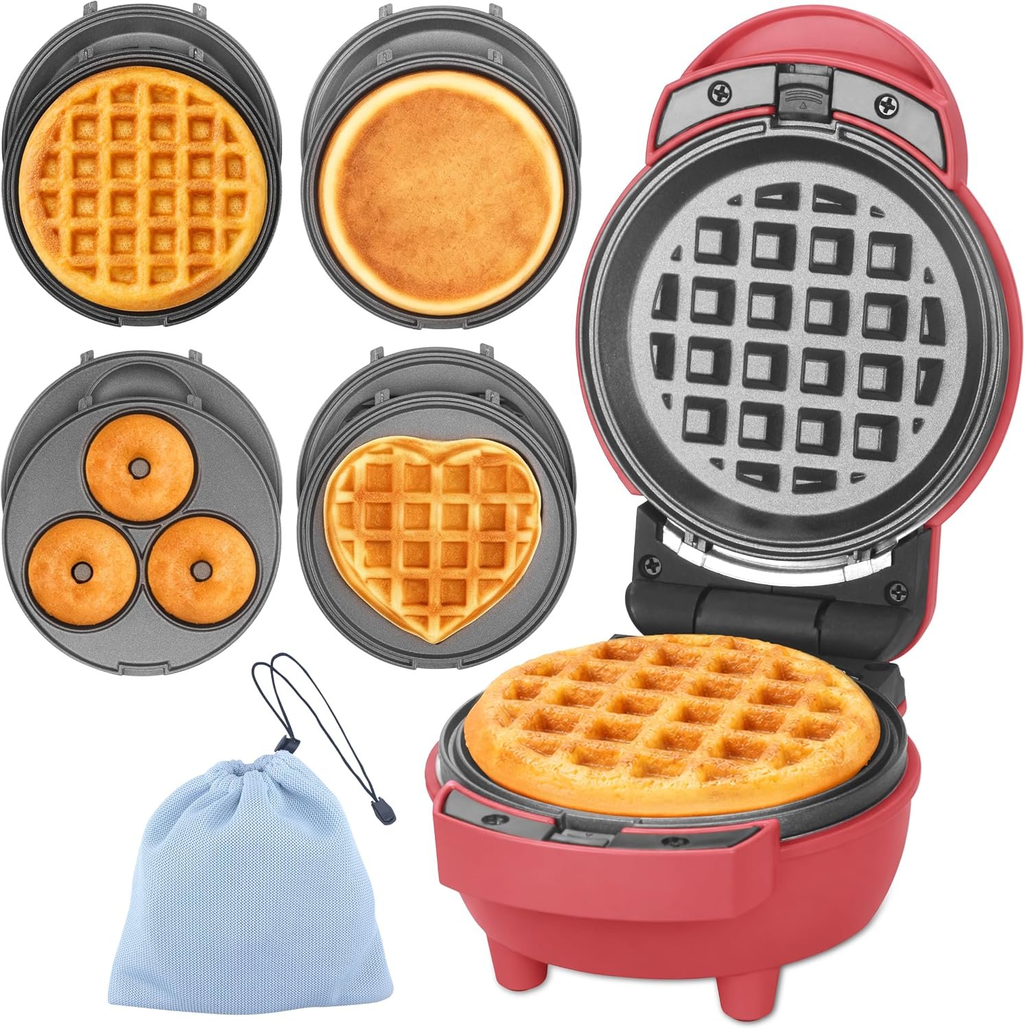 Baker’s Friend 4 in 1 Mini Waffle Maker with Removable Plates, Set Includes Mini Pancake, Donut, Heart Shape Waffle Makers, Compact Size, Recipe Included, Red